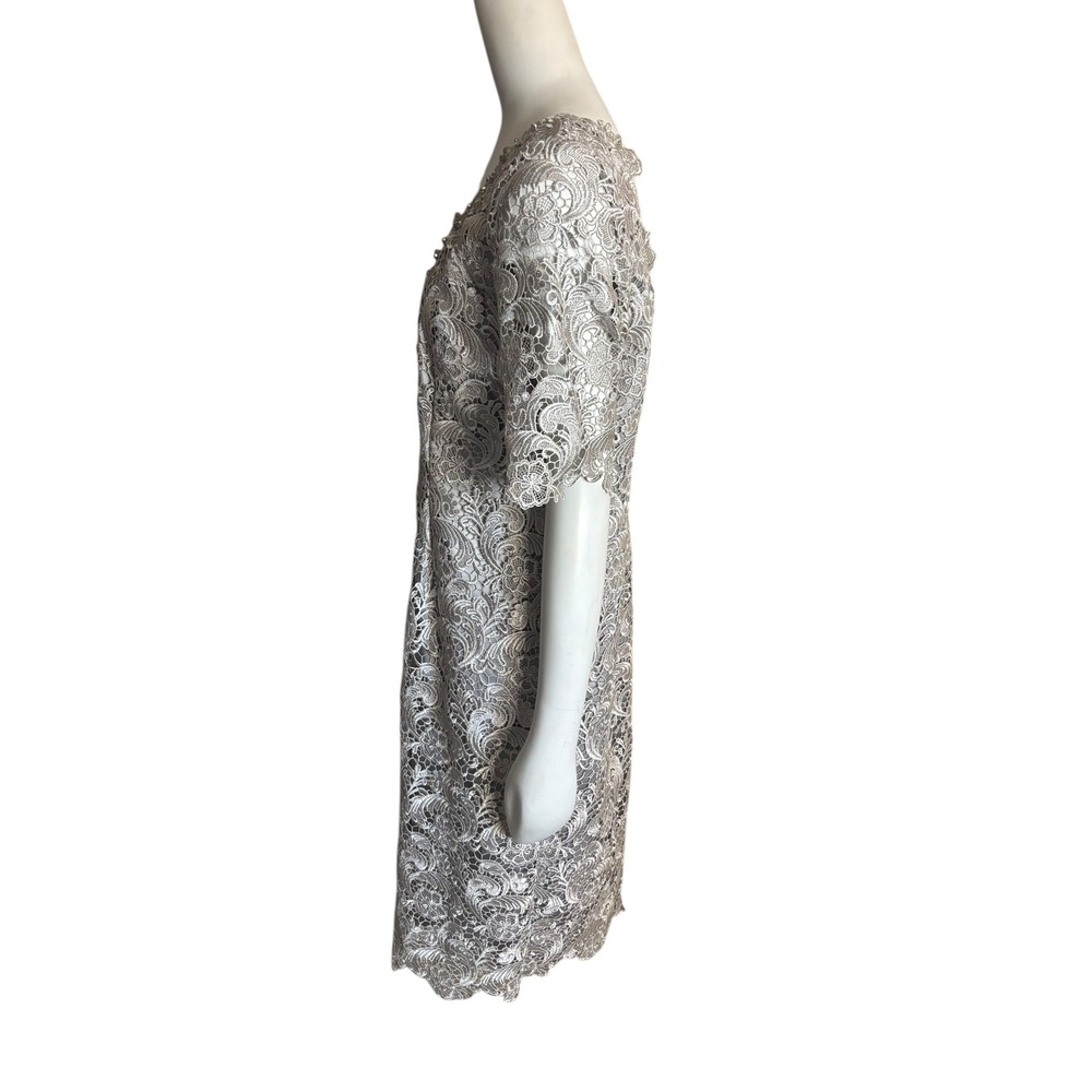 Elegant Silver Lace Sheath Dress Knee Length Short Sleeve Special Occasion S 12 - Picture 3 of 10